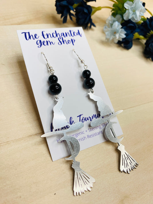 Black Tourmaline Witches Hat & Broomstick Silver Earrings