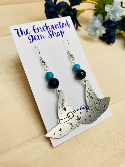 Turquoise & Black Tourmaline Witches Hat Earrings