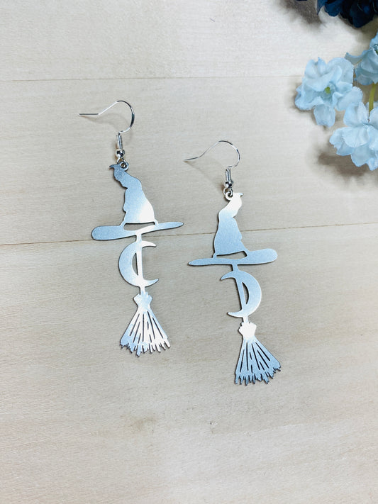 Witchy Hat and Broomstick Silver Earrings