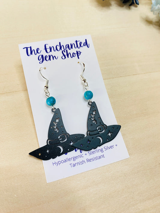 Black Witch Hat Earrings with Turquoise