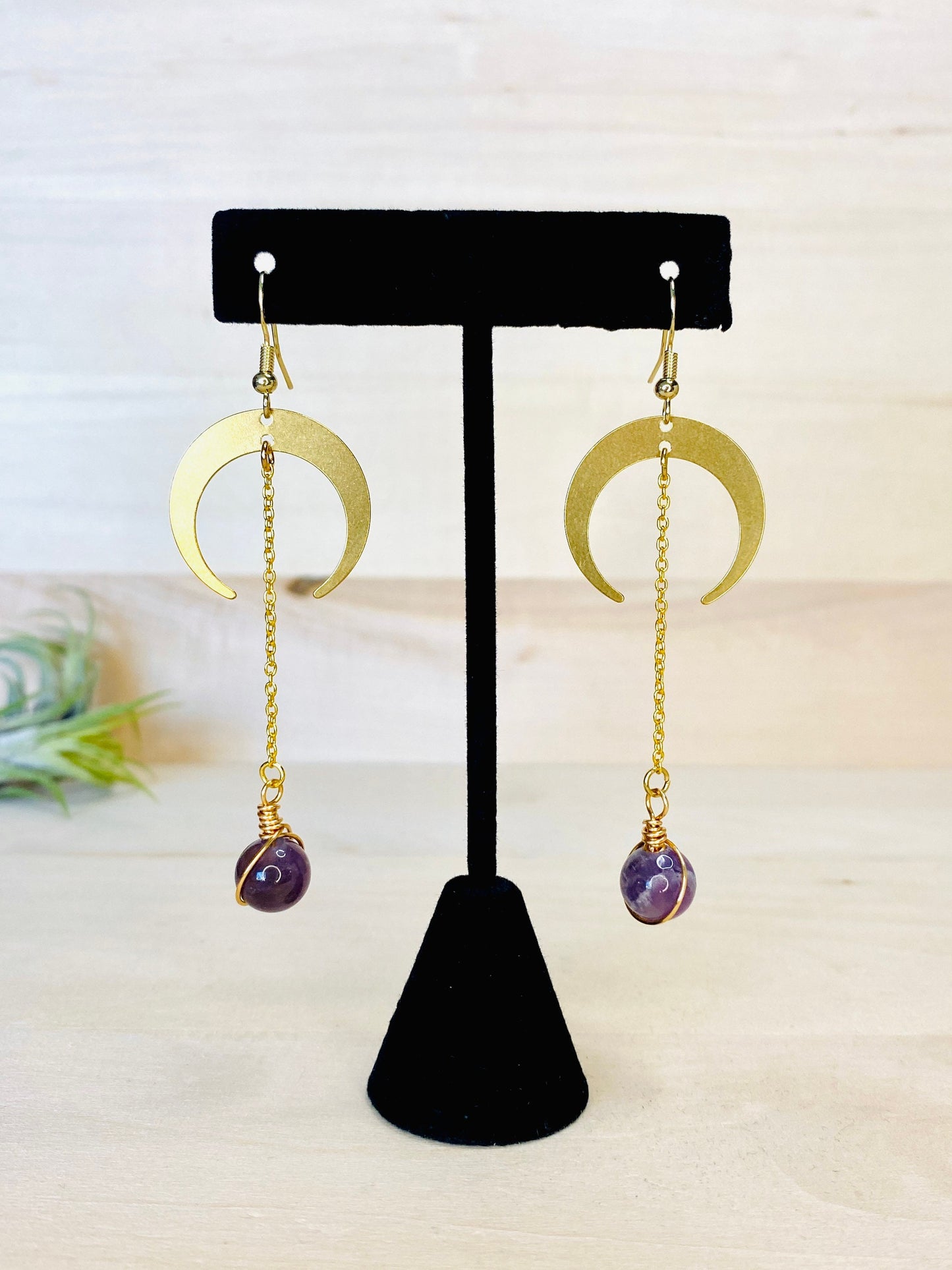 Amethyst Crescent Moon Dangle Earrings, Witchy Jewelry, Boho Earrings, Moon Earrings, Valentines Day Jewelry